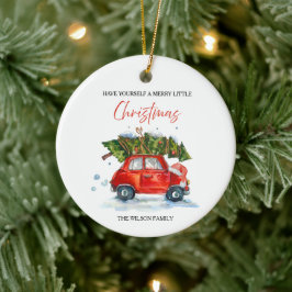 Adorno De Cerámica Vintage Christmas Red Car & Tree