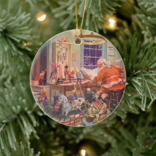 Adorno De Cerámica Vintage Christmas, Santa Claus con Elves Workshop
