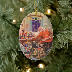 Adorno De Cerámica Vintage Christmas, Santa Claus con Elves Workshop