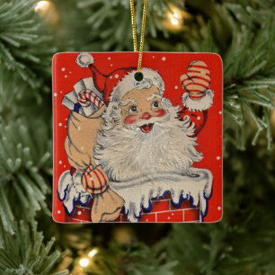 Adorno De Cerámica Vintage Christmas Santa Claus Waving