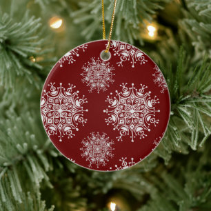 Adorno De Cerámica Vintage Christmas Snowflakes Red Blizzard Pattern