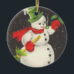 Adorno De Cerámica Vintage Christmas Snowman Personalizable<br><div class="desc">Navidades de época/victorianos colgando adornos,  Snowman con un gorra verde y una bufanda roja,  personalizan este adorno de cerámica colgante con su propio texto,  obras de arte antiguas</div>