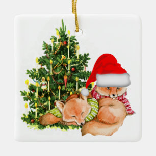 Adorno De Cerámica Vintage Christmas Tree and Foxes Holiday