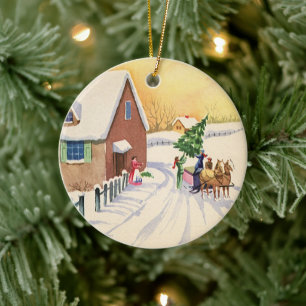 Adorno De Cerámica Vintage Christmas Tree on a Snowley Winter Road