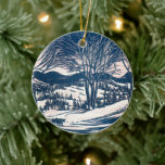 Adorno De Cerámica Vintage Christmas, Winter Snow Mountain Paisaje<br><div class="desc">Ilustracion de época Victorian Era Merry diseño navideño con un paisaje nevado de invierno. Árboles y montañas cubiertas de nieve con un pueblo a lo lejos al amanecer. ¡Felices fiestas y saludos de temporada!</div>