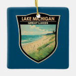 Adorno De Cerámica Vintage de arte de viajes en el lago Michigan<br><div class="desc">Diseño artístico vectorial del lago Michigan. El lago Michigan es uno de los cinco Grandes Lagos de América del Norte. Es el segundo mayor de los Grandes Lagos en volumen.</div>