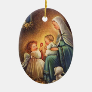 Adorno De Cerámica Vintage de los ángeles de Navidad y María con el n
