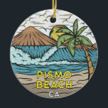 Adorno De Cerámica Vintage de Pismo Beach California<br><div class="desc">Pismo Beach dibuja a mano el ilustracion con las montañas y las olas del océano en el fondo. Perfecto para los amantes de la playa de Pismo.</div>