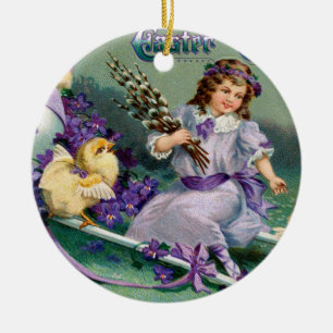 Adorno De Cerámica Vintage Easter Greetings Chica Egg Chick Carriage