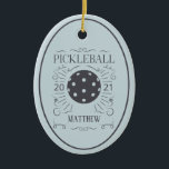 Adorno De Cerámica Vintage Elegant Pickleball Monograma<br><div class="desc">Un elegante diseño retro de estilo vintage para los amantes del pickleball. Presenta arte de estilo tipográfico con un pickleball. Monograma con nombre de jugador. Perfecto para un adorno de vacaciones,  premio o premio de participación.</div>