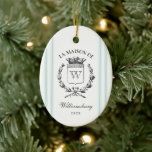 Adorno De Cerámica Vintage Familia Francesa Crest Aqua Grain Sack Str<br><div class="desc">Celebre la temporada con este moda, un monograma de cresta familiar vintage de inspiración francesa flanqueado por suaves rayas azul acuático que le dan un verdadero ambiente rústico. Adorno para Árbol de Navidad. Personalízalo con tu apellido, carta, año y una foto familiar en la parte trasera para un toque especial....</div>