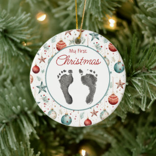 Adorno De Cerámica Vintage First Christmas Your Baby's Foot Prints