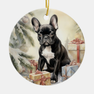 Adorno De Cerámica Vintage Frenchie Christimas