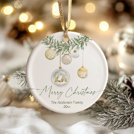 Adorno De Cerámica Vintage Gold Greenery Merry Christmas