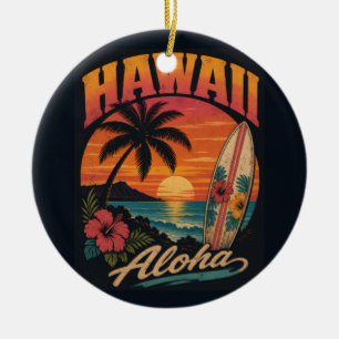 Adorno De Cerámica Vintage Hawaiian Sunset Palms Surfboard Aloha