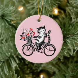 Adorno De Cerámica Vintage Kitty En Bicicleta
