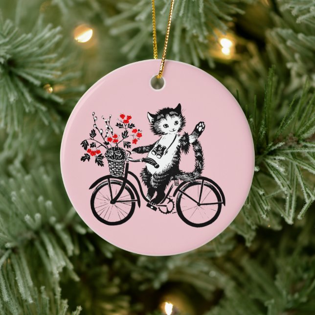 Adorno De Cerámica Vintage Kitty En Bicicleta (Árbol)