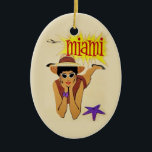 Adorno De Cerámica Vintage Miami Beach<br><div class="desc">Anuncio de turismo de Miami vintage - Avión,  mujer en la playa,  sol y arena</div>