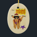 Adorno De Cerámica Vintage Miami Beach<br><div class="desc">Anuncio de turismo de Miami vintage - Avión,  mujer en la playa,  sol y arena</div>