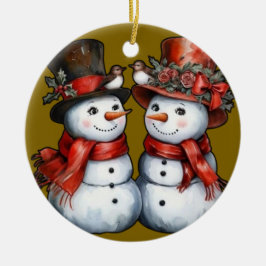 Adorno De Cerámica Vintage Mr. & Mrs. Snowman