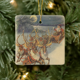 Adorno De Cerámica Vintage Navidad Santa Claus Sleigh con renos