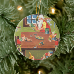 Adorno De Cerámica Vintage Navidad Santa con elfos en el taller