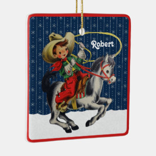 Adorno De Cerámica Vintage Occidental Niño Vaquero Cuerda de Caballo