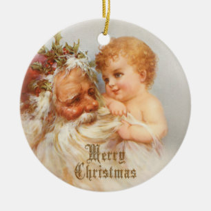 Adorno De Cerámica Vintage Papá Noel con el niño sonriente