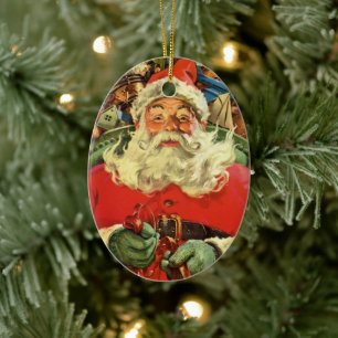 Adorno De Cerámica Vintage Papá Noel de Navidad en Sleigh con juguete