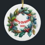 Adorno De Cerámica Vintage personalizado Vintage Christmas Wreath<br><div class="desc">Desearía a alguien una Feliz Navidad con esta personalizado de Watercolor Wreath</div>