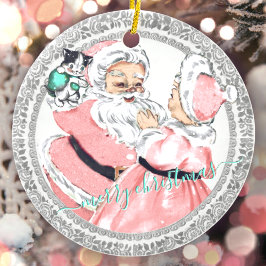 Adorno De Cerámica Vintage Pink Santa + Mrs Claus Victorian Navidades