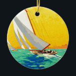 Adorno De Cerámica Vintage Sail Bots French Travel<br><div class="desc">Anuncios de viaje franceses y europeos - mar azul y ilustracion cielo amarillo soleado</div>