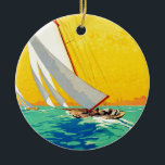 Adorno De Cerámica Vintage Sail Bots French Travel<br><div class="desc">Anuncios de viaje franceses y europeos - mar azul y ilustracion cielo amarillo soleado</div>