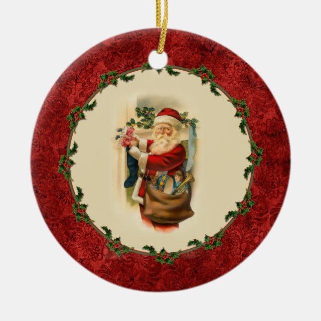 Adorno De Cerámica Vintage Santa and Stockings Ornament (Frente)