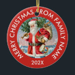 Adorno De Cerámica Vintage Santa Claus<br><div class="desc">Vintage Santa Claus con verduras y regalos navideños y tipografía verde personalizable. Feliz Navidad por el apellido y el año.</div>
