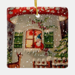 Adorno De Cerámica Vintage Santa Claus Gnome En Casa De Setas