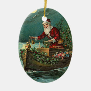Adorno De Cerámica Vintage Santa en un barco