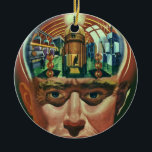 Adorno De Cerámica Vintage Science Fiction, Alien Brain in Laboratory<br><div class="desc">Vintage illustration futuristic Science Fiction aliens and robots image featuring a man with his brain exposed showing a laboratory. A classic comic book design featuring a cyborg scientist with his hand to his chin with an intense look on his face and looks like he is thinking of the future or...</div>