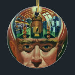 Adorno De Cerámica Vintage Science Fiction, Alien Brain in Laboratory<br><div class="desc">Vintage illustration futuristic Science Fiction aliens and robots image featuring a man with his brain exposed showing a laboratory. A classic comic book design featuring a cyborg scientist with his hand to his chin with an intense look on his face and looks like he is thinking of the future or...</div>