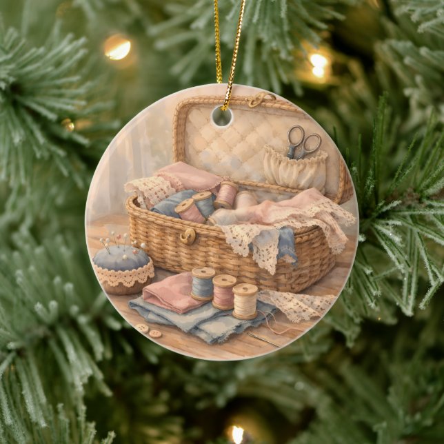 Adorno De Cerámica Vintage Sewing Basket Cottagecore Pastel (Árbol)
