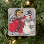 Adorno De Cerámica Vintage Snowman bailando con Chica<br><div class="desc">Agradable Hombre De Noche De Vintage Retro Bailando Con Un Ornamento De Cerámica De Fiesta Chica.</div>