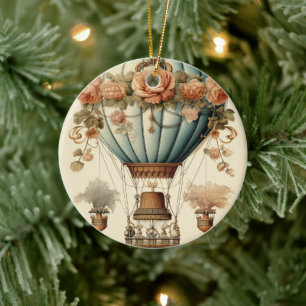 Adorno De Cerámica Vintage Steampunk Floral Blue Hot Air Balloon