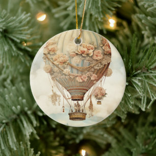 Adorno De Cerámica Vintage Steampunk Floral Blue Hot Air Balloon (2)