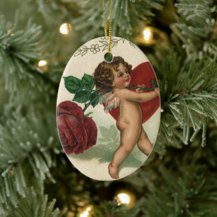 Adorno De Cerámica Vintage Valentine Cherub, Rosa y corazón