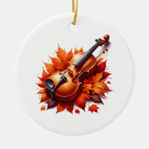 Adorno De Cerámica Violín en la cama de hojas