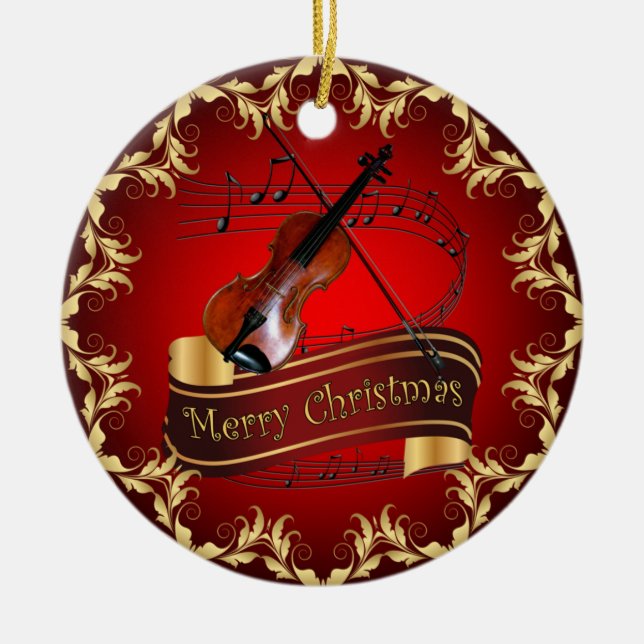Adorno De Cerámica Violin ~ Musical Scroll ~ Feliz Navidad ~ * ~ ~ (Frente)