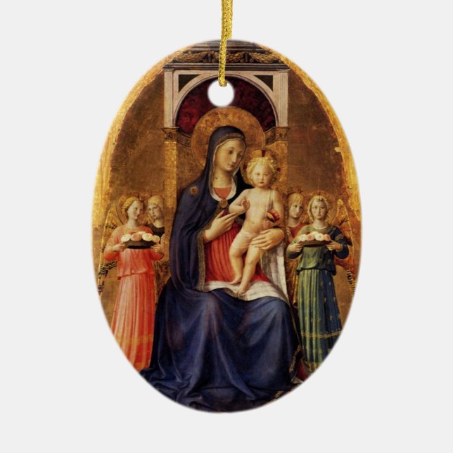 Adorno De Cerámica VIRGEN CON NIÑO Y ÁNGELES, Zafiro Azul (Frente)