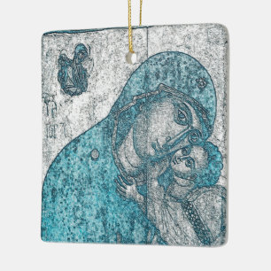 Adorno De Cerámica Virgen María Bebé Jesús Ángel Retrato Azul Vintage