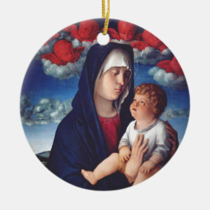 Adorno De Cerámica Virgen María con el Niño Jesús y los gorrones rojo