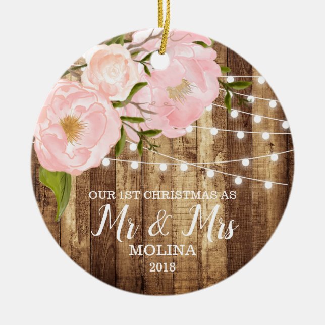 Adorno De Cerámica Viruta rústica y Sr. floral rosado señora Newlywed (Frente)